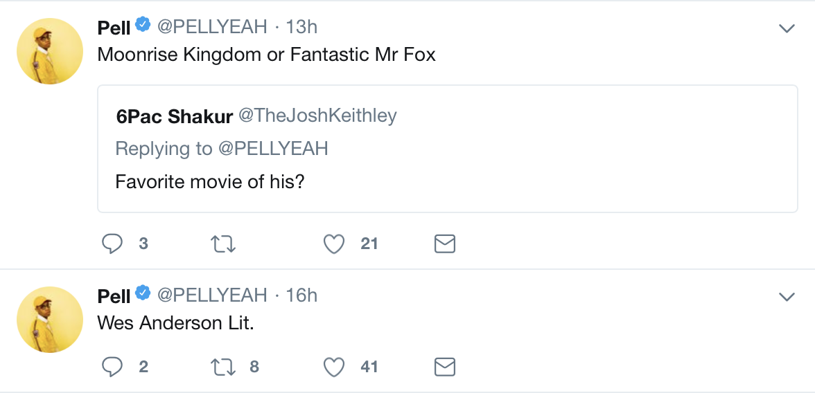 Pell’s tweets about Wes Anderson